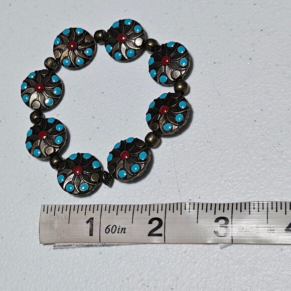 Vintage Bronze Bracelet Turquoise Red Accents Elastic Band Bohemian Southwest - Picture 3 of 3